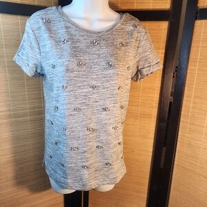 Kenar Heather Gray Short Sleeve Tee with Bead Embellishments